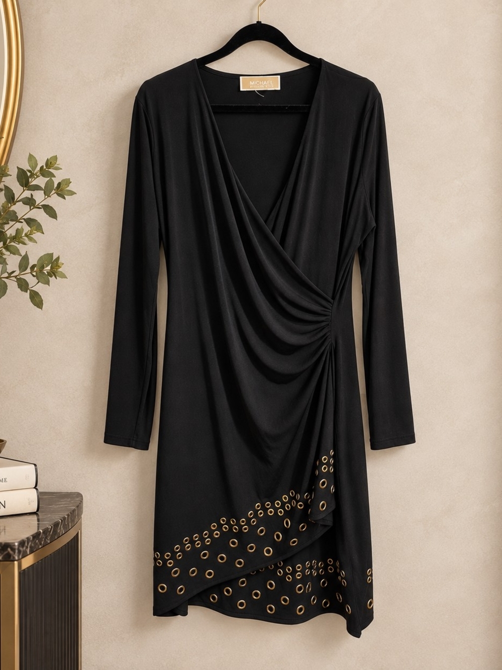 MICHAEL Michael Kors Black Gold Grommet Ruched Wrap Dress XL Est
